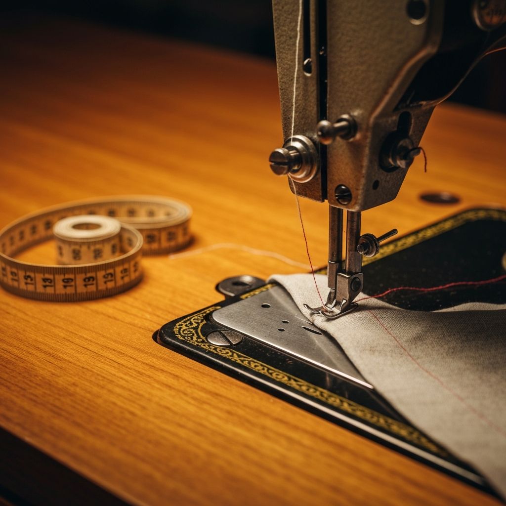 Sewing machine with thread and measuring tape on a wooden table for clothing alterations