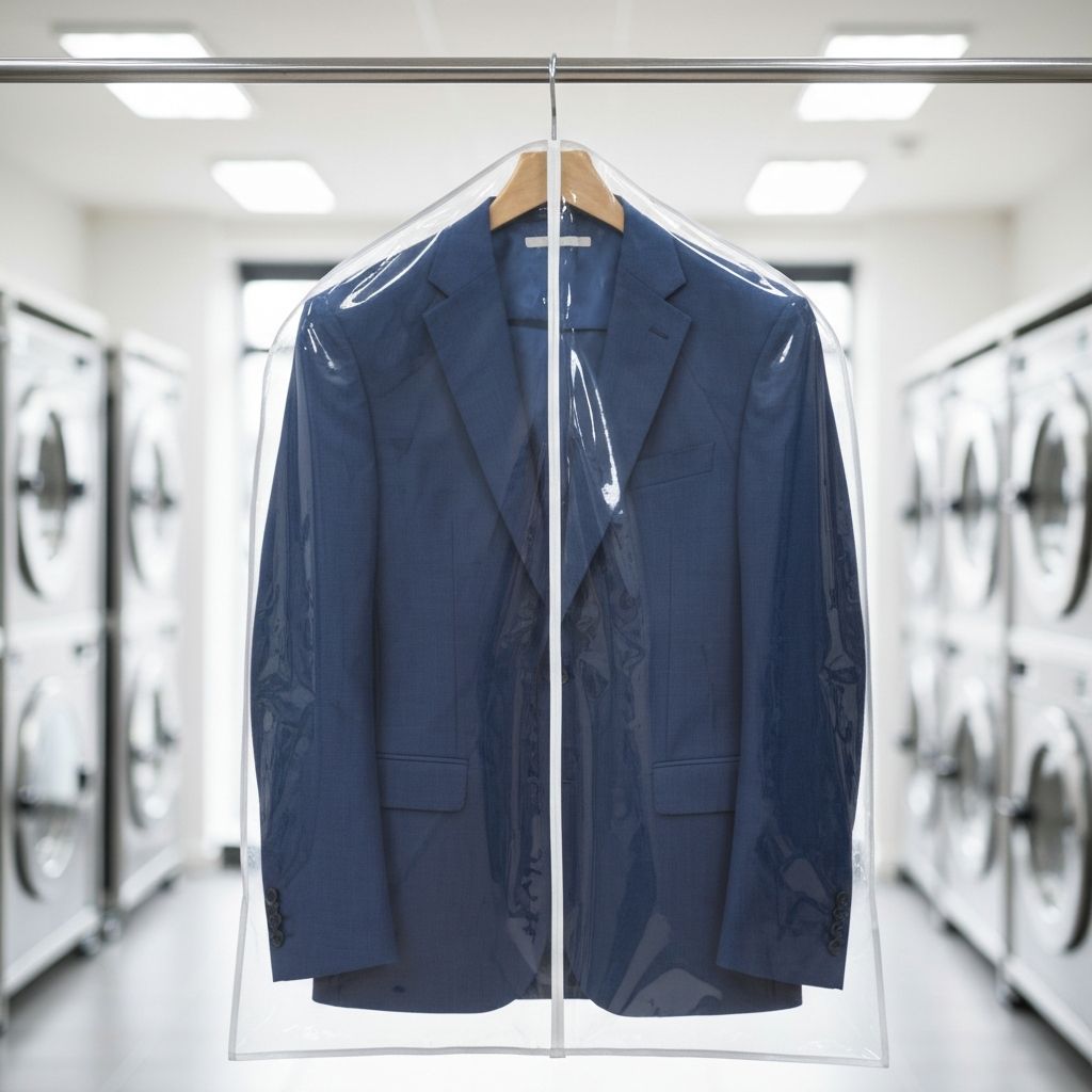 Freshly dry-cleaned suit jacket in a protective garment bag hanging in the store