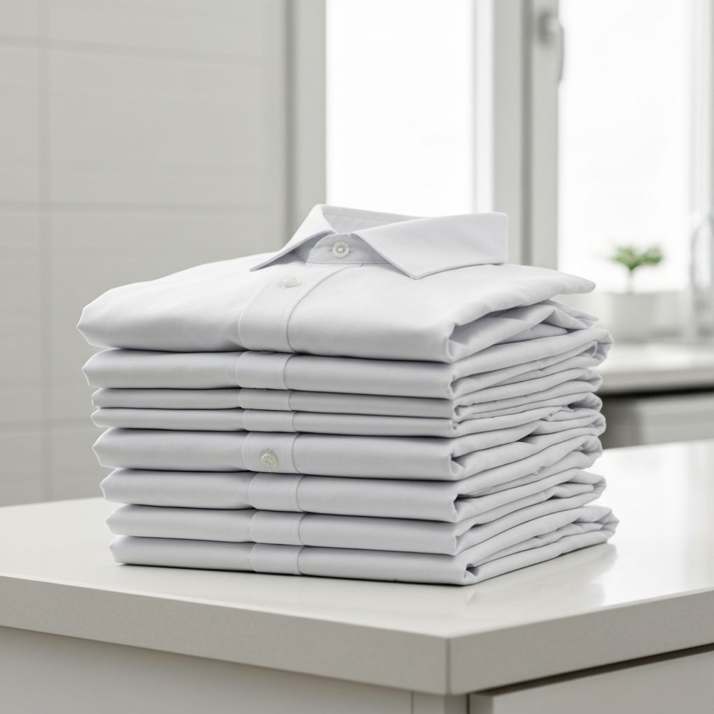 Stack of perfectly ironed and folded white dress shirts on a clean counter